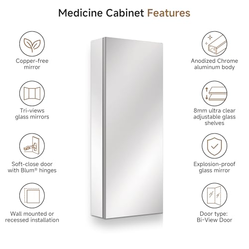 12" x 30" Bathroom Medicine Cabinet with Mirror, Recessed or Wall Mount | Medicine Cabinets with Adjustable Glass Shelves, Soft-Closed Hinge, Chrome Aluminum Frame, Reverse Installation - size: 12" x 30"