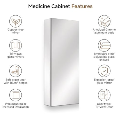 12" x 30" Bathroom Medicine Cabinet with Mirror, Recessed or Wall Mount | Medicine Cabinets with Adjustable Glass Shelves, Soft-Closed Hinge, Chrome Aluminum Frame, Reverse Installation - size: 12" x 30"