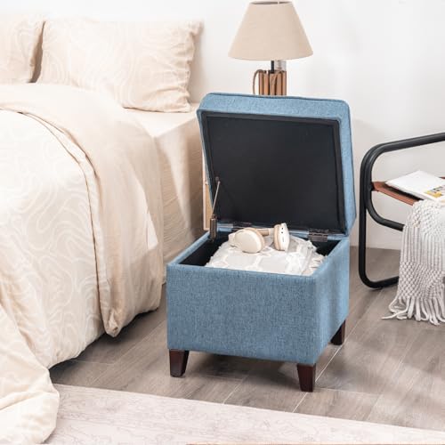 Linen Storage Ottoman with Wooden Legs, 17" Square Upholstered Flip-Top Footrest Stool, Extra Seat or Coffee Table for Living Room, Bedroom, Entryway, Blue - color: Blue