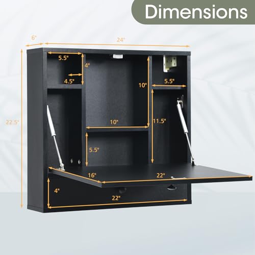 Tangkula Wall Mounted Desk, Folding Floating Wall Mount Laptop Desk, Space Saving Wall Mounted Table with Storage Drawer & Shelves (Black) - color: Black