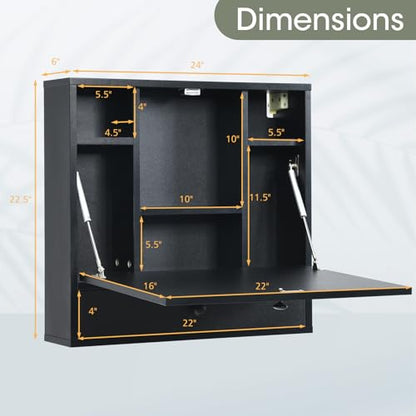 Tangkula Wall Mounted Desk, Folding Floating Wall Mount Laptop Desk, Space Saving Wall Mounted Table with Storage Drawer & Shelves (Black) - color: Black