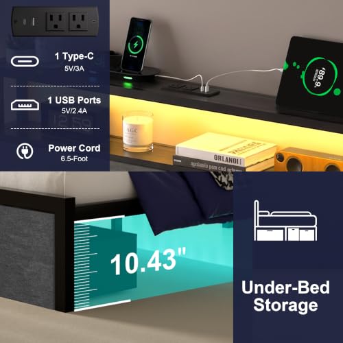 Queen Bed Frames with LED Lights and Charging Station, Platform Bed with Metal Slats, Wood Headboard with 2 Fabric Drawers and Storage Shelves, No Box Spring Needed
