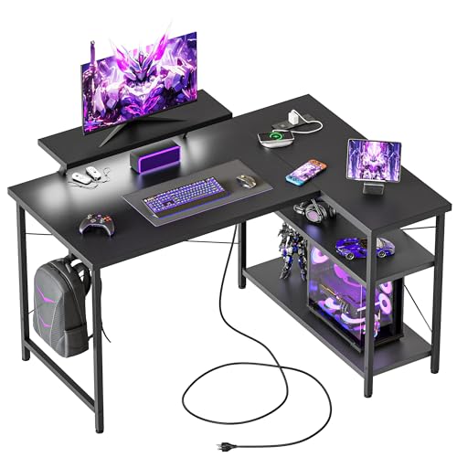 40 in Corner Desk with Monitor Stand, Small L Shaped Gaming Desk | Reversible Computer Desk with Power Outlets, LED Light & Storage Shelves, Office Table for Home Bedroom Study Work Writing - color: Black, size: 40 inch