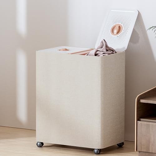 LAMU Hamper With Lid, Clothes Hamper, Laundry Basket with Lid with Removable Liner Bags, Dirty Clothes Basket with Wheels, Stylish Dirty Laundry Organizer for Home, 100L
