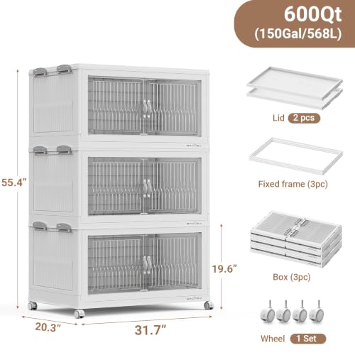 BROVIEW 600Qt Stackable Storage Bins with Lid for Home Dorm, 3Pack White | Closet Organizers, Foldable & Collapsible Cabinets, Large Containers, Wheels & Magnetic Doors, Plastic Drawers for School - color: White, size: 200QT-3Pack