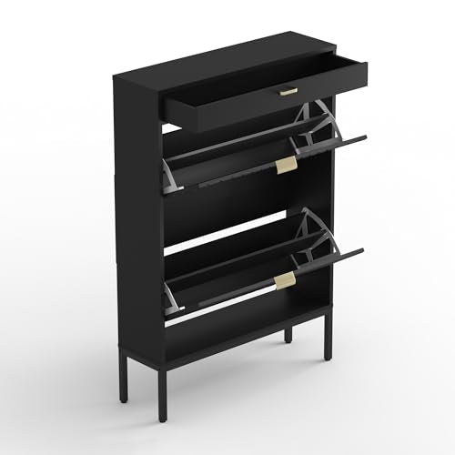 Shoe Cabinet, Shoe Storage Organizer Cabinet with 2 Flip Wavy Line Drawers, Freestanding Shoe Rack with Adjustable Shelf for Entryway（Black） - color: Wavy Line-black
