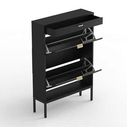 Shoe Cabinet, Shoe Storage Organizer Cabinet with 2 Flip Wavy Line Drawers, Freestanding Shoe Rack with Adjustable Shelf for Entryway（Black） - color: Wavy Line-black