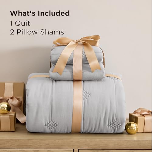 Bedsure Lightweight Comforter Queen Size – Extra Soft & Breathable Quilt Set, 3 Piece Prewashed Cotton-Like Polyester Bedding, Includes 1 Quilt 90x96 Inches with 2 Shams, Machine Washable, Light Grey - color: 02 - Light Grey, size: Queen / Full (90" x 96"