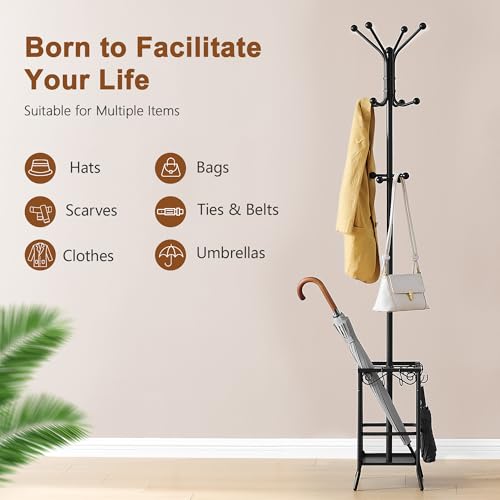 Hoctieon Coat Rack Freestanding, Coat Tree with Umbrella Holder, Metal Coat Rack Stand with 12 Hooks, Standing Coat Hanger Stand, Umbrella Stand for Entryway, Hat Rack Stand for Home Office, Black - color: Black