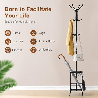 Hoctieon Coat Rack Freestanding, Coat Tree with Umbrella Holder, Metal Coat Rack Stand with 12 Hooks, Standing Coat Hanger Stand, Umbrella Stand for Entryway, Hat Rack Stand for Home Office, Black - color: Black