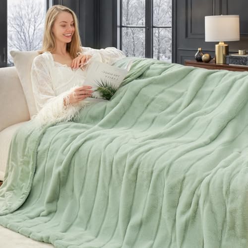 Cozy Bliss Deluxe Sheared Rabbit Faux Fur Throw Blanket, Soft Fuzzy High-Low Sculpted Plush Blanket for Couch, Cozy Home Accent, All Season Use, Green 50"x60" - color: Stripe - Green, size: Throw(50" x 60")