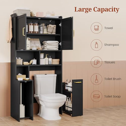 Over The Toilet Storage Cabinet with Pulley Bathroom Storage Cabinet, Space Saver W/Adjustable Shelf & Open Shelf for Bathroom, Restroom, Laundry (Black) - color: Black