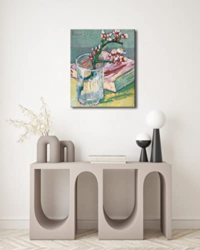 Wieco Art Canvas Wall Art Blossoming Almond Branch in a Glass with a Book by Vincent Van Gogh Large Canvas Prints for Living Room Decoration Post-impressionism Pictures Artwork - size: 24"L x 20"W