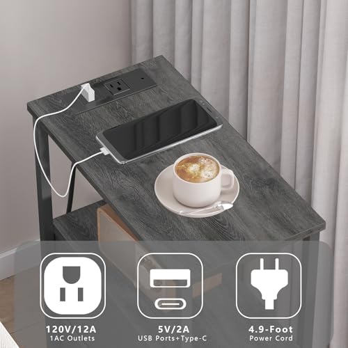 TUTOTAK Small Narrow End Table with Charging Station, Set of 2 | Side Table with Outlets, Nightstand with Cloth Drawer, Couch Table for Living Room, Bedroom, Bedside, Charcoal Grey TB01BY058 - color: Charcoal Grey, style: 1 Drawer & Plug