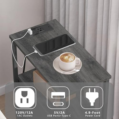 TUTOTAK Small Narrow End Table with Charging Station, Set of 2 | Side Table with Outlets, Nightstand with Cloth Drawer, Couch Table for Living Room, Bedroom, Bedside, Charcoal Grey TB01BY058 - color: Charcoal Grey, style: 1 Drawer & Plug
