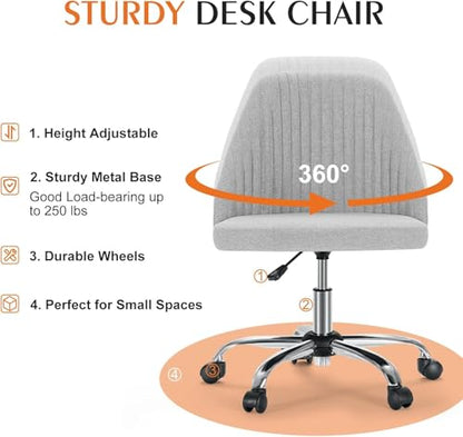 Simple Deluxe Armless Office Desk Chair, Modern Cute Swivel Vanity Chair Comfy Home Office Chairs with Wheels Height Adjustable Rolling Computer Task Stools for Living Room, Make-up, Bedroom, Grey - color: Grey