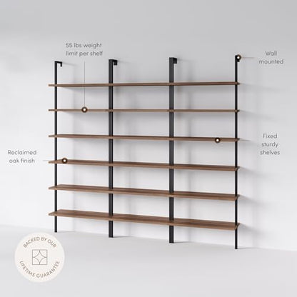 Nathan James Theo 6-Shelf Tall Bookcase, Wall Mount Bookshelf with Reclaimed Oak Wood and Industrial Metal Frame, Reclaimed Oak/Matte Black, Set of 3 - color: Oak/Matte Black, size: Set of 3