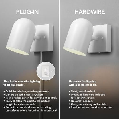 Globe Electric 1-Light Matte White Plug-in or Hardwire Wall Sconce | 6 ft braided cord, inline rocker switch, requires 1 E12 60W bulb (sold separately), 7x4.75x6 in, 65000146
