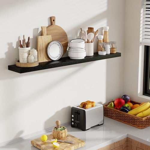 Acovy 48 Inch Floating Shelves, 8 Inch Deep Floating Shelves for Wall, Hanging Shelf with Invisible Brackets, Deep Shelves for Bathroom, Bedroom, Living Room, Black, Set of 1 - color: Black, size: 8"Wx48"L-1pc