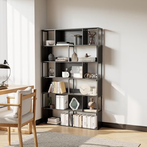 IDEALHOUSE 6-Tier Bookshelf, Tall Geometric Bookcase, Modern Room Divider & Display Shelf with Anti-Tipping Devices, Mid Century Bookshelf for Living Room - color: Black