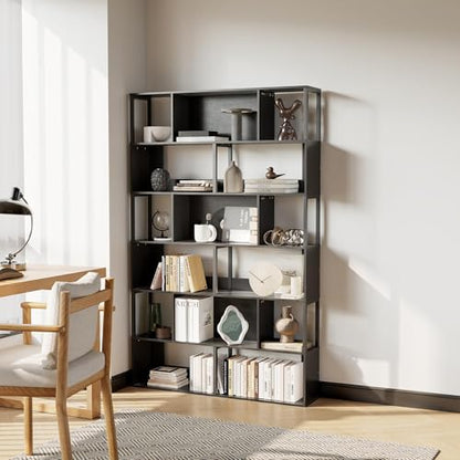 IDEALHOUSE 6-Tier Bookshelf, Tall Geometric Bookcase, Modern Room Divider & Display Shelf with Anti-Tipping Devices, Mid Century Bookshelf for Living Room - color: Black