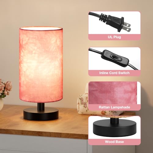 Small Table Lamps(Pink Shade - Black Base, 9" Inline Control) | 3000K LED Blub Included | 680 Lumens | Easy Assembly | Minimalist Design | E26 | for Kitchen | for Kids Room - color: Pink Shade - Black Base