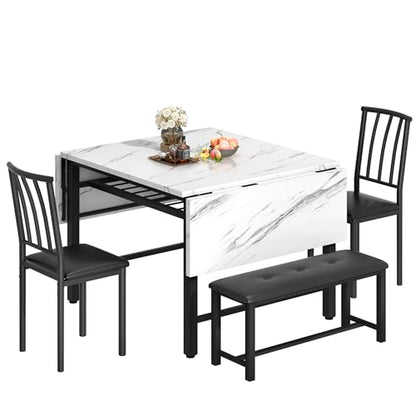 AWQM 4-Piece Faux Marble Drop Leaf Dining Table with Storage Rack, Space Saving Breakfast Nook Table Set with 2 Backrest Chairs and 1 Upholstered Bench, Kitchen Dining Table and Chairs Set for 2-4