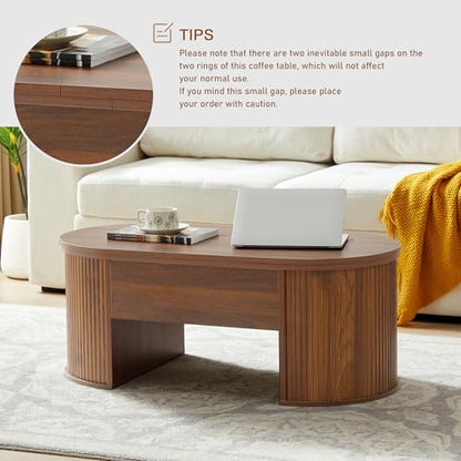 QHITTY Fluted Coffee Table with Lifting Top, Oval Wood Lift Top Coffee Table with Hidden Compartment, Mid Century Pull up Center Tables for Living Room, Office - Walnut - color: Round Table-walnut