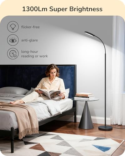 EDISHINE LED Floor Lamp 1300LM Super Bright Reading Floor Lamps Black | Dimmable, 4CCT, Remote & Touch Control, Adjustable Gooseneck, Dual Timer Design, for Bedroom, Living Room, Office - color: Black