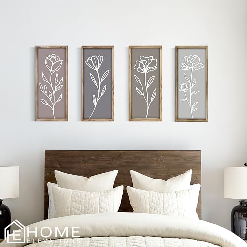 3D Wooden Floral Bathroom Wall Decor, Set of 4 Framed Wall Art | For Living Room, Bedroom, Dining, Office & Kitchen – Boho Botanical Wall Hanging, Modern Farmhouse Home Decor & Gift