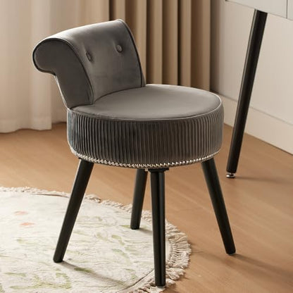 Vanity Chair with Back, Gray Velvet Stool with Low Backrest | Silvery Nailhead Trim, Round Vanity Seat for Bedroom and Bathroom Makeup, Support 220lbs, Easy Assembly (Gray) - color: Grey