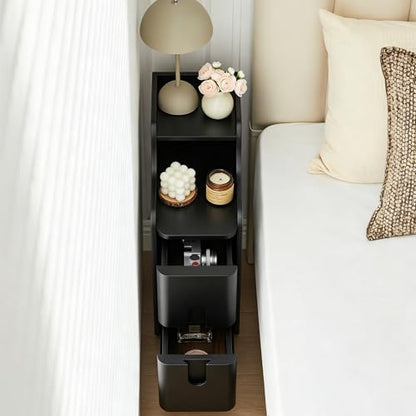 Black Narrow Nightstand, Wood 2 Drawer Small Nightstand, Slim Side Table, Modern Skinny End Bedside Table, Wood Night Stand with Drawers for Bedroom (Black-1 pc) - color: Black-1 Pc