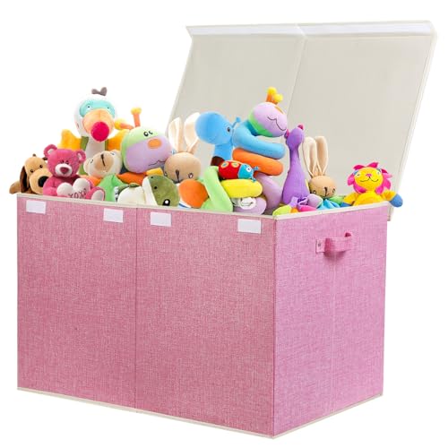 122L Large Toy Box Chest Storage with Lid, Collapsible Kids Toy Storage | Toy Chest with with Removable Divider for Kids, Boys, Girls, Nursery, Living Room, Bedroom, 26"x17" x17" (Linen Pink) - color: Extra Large Pink