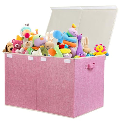 122L Large Toy Box Chest Storage with Lid, Collapsible Kids Toy Storage | Toy Chest with with Removable Divider for Kids, Boys, Girls, Nursery, Living Room, Bedroom, 26"x17" x17" (Linen Pink) - color: Extra Large Pink