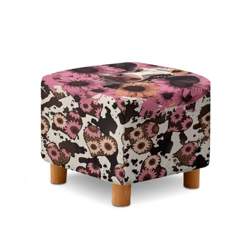Pink Cow Daisy Print Stretch Ottoman Cover Square Fit 13x13x15 inch Easy to Install Footrest Sofa Slipcovers Stool Cover Footstool Protector Covers - color: Pink Cow Daisy