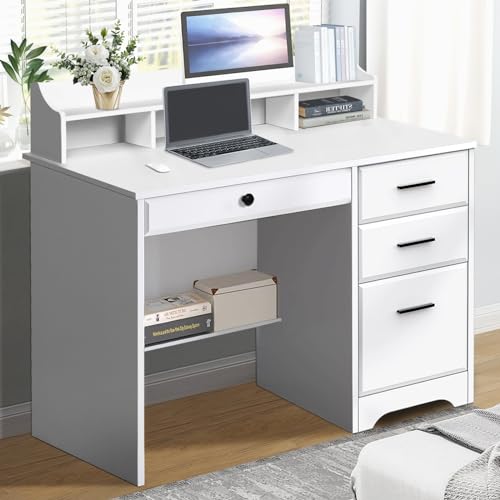 Computer Desk with 4 Drawers and Hutch, Home Office White Writing Desk with File Drawer and Shelves for Small Spaces, Small Desk Study Table for Bedroom - color: Light White