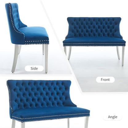 Blue Velvet Dining Bench with Back, Tufted Banquette Seating, Silver Legs | Upholstered loveseat bench; tufted back; nailhead trim; 500 lb capacity; foam and spring seat; dining room or entryway - color: Blue(silver Stainless Steel Legs)