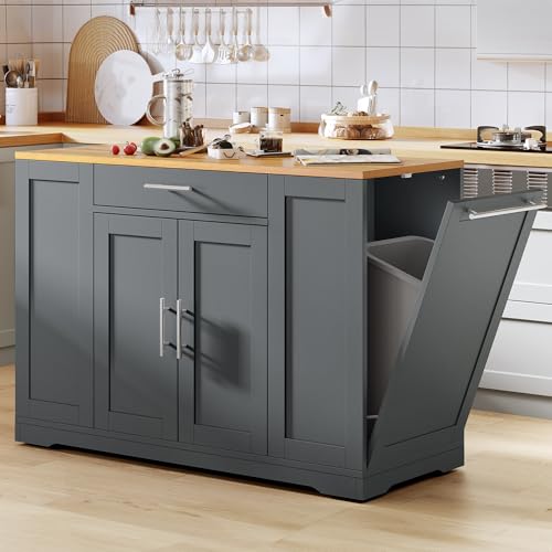 DWVO Large Kitchen Island with Trash Can Cabinet | 53 Inch Kitchen Island on Wheels, Rolling Island with Tilt‑Out Garbage Storage Fits 13 Gallon Bin and Drawer - color: Grey