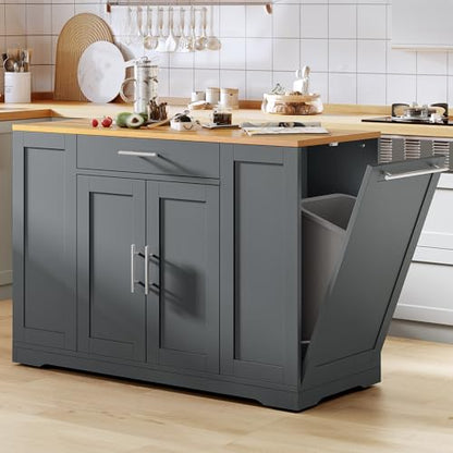 DWVO Large Kitchen Island with Trash Can Cabinet | 53 Inch Kitchen Island on Wheels, Rolling Island with Tilt‑Out Garbage Storage Fits 13 Gallon Bin and Drawer - color: Grey