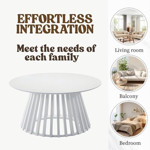 HNY White Round Coffee Table, Wood 31.5" Center Table for Living Room | Modern Mid Century Circle Coffee Table with Fluted Base for Outdoor Patio, Home Small Space, Bedroom, Apartment, Studio - color: White
