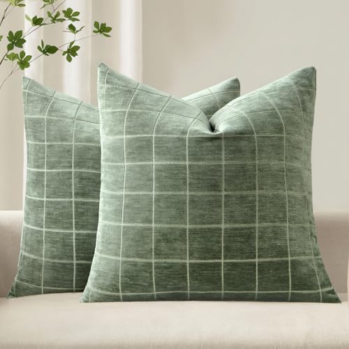 MIULEE Sage Plaid Decorative Throw Pillow Covers 18x18 Set of 2 | Vintage, Check Chenille Couch Pillows, Neutral Boho Farmhouse Cushion Covers, Modern Home Decor for Sofa Bed Living Room - color: Sage, size: 18" x 18" (Pack of 2)