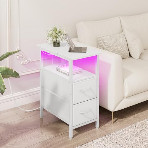 Set of 2 White Nightstand with Charging Station and LED Lights, Narrow Side Table, LED Night Stand with 2 Fabric Drawers, Bedside Table Small End Table, Tall Nightstand for Bedroom, White - color: White, size: 2, style: With LEDs