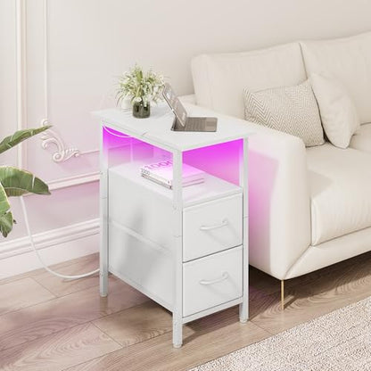 Set of 2 White Nightstand with Charging Station and LED Lights, Narrow Side Table, LED Night Stand with 2 Fabric Drawers, Bedside Table Small End Table, Tall Nightstand for Bedroom, White - color: White, size: 2, style: With LEDs