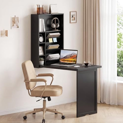 Giantex Wall Mounted Desk, Foldable Convertible Computer Desk with Storage Shelves, Space Saving Fold Out Table, Folding Floating Writing Desk for Small Spaces, Home Office, Bedroom, Apartment (Black) - color: Black
