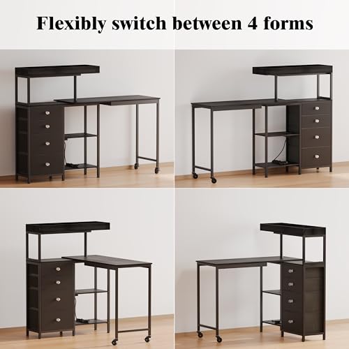 L-Shaped Manicure Table with Power Outlets,Nail Desk for Nail tech | Rotating Nail Workstation on Wheels with Charging Station,Nail Table with drawers & shelves for Home,Makeup Beauty Salon - color: Black