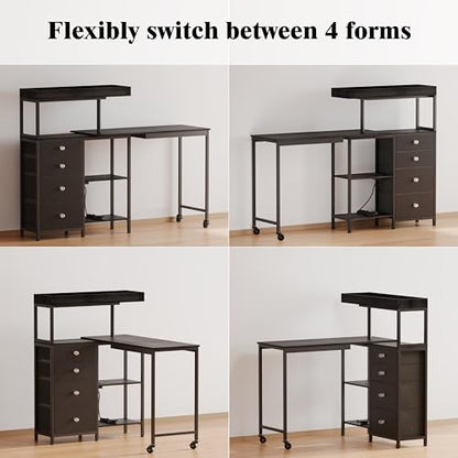 L-Shaped Manicure Table with Power Outlets,Nail Desk for Nail tech | Rotating Nail Workstation on Wheels with Charging Station,Nail Table with drawers & shelves for Home,Makeup Beauty Salon - color: Black