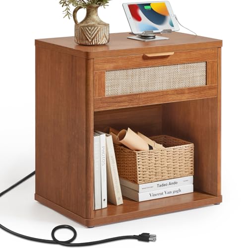 LEYAOYAO Rattan 23" Nightstands with Charger for Bedroom | Gold Metal Handle, Storage Shelf, Brown Night Stand with Drawer, Boho Bedside Table, Bed Side End Tables Living Room, Hallway - color: Tea Brown, size: 1 Drawer