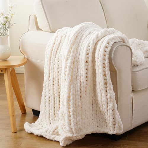 Chunky Knit Throw Blanket for Couch, White Knit Throw Blanket, 50"x60" | Handmade Cable Knit Crochet Blanket, Soft Thick Knot Knitted Throw Blankets for Bed Sofa ,Cream Neutral Blanket Throw - color: Cream