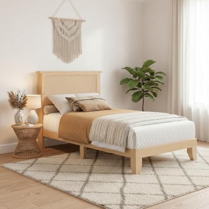 Garvee Bohemian Twin Rattan Bed LED Natural Headboard Bedroom | Bohemian twin rattan bed with natural headboard, LED lights, solid wood frame. No box spring needed for bedroom use. - size: Twin(0 Drawers)