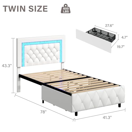 BarnFurin Twin Bed Frames with Storage Drawers and LED Lights,White | Upholstered Bed with Crystal Tufted Headboard, Princess Platform Bed with Wooden Slats Support, No Box Spring Needed - color: White, size: Twin